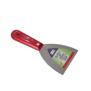 Steel putty knife with a red decorative plastic handle