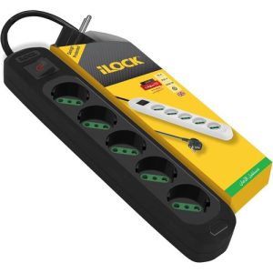 iLOCK power strip 5 universal outlets with switch (Black) - 2 Meter