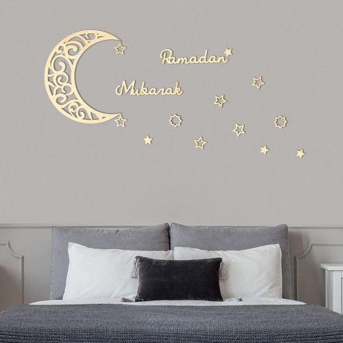 Yalikop 15 Pieces Ramadan Decoration Eid Wall Decor Wooden Moon Star Ornament Ramadan Mubarak Sign Eid for Home Decorations Muslim Islam Ramadan Party Supplies (Wood Color)